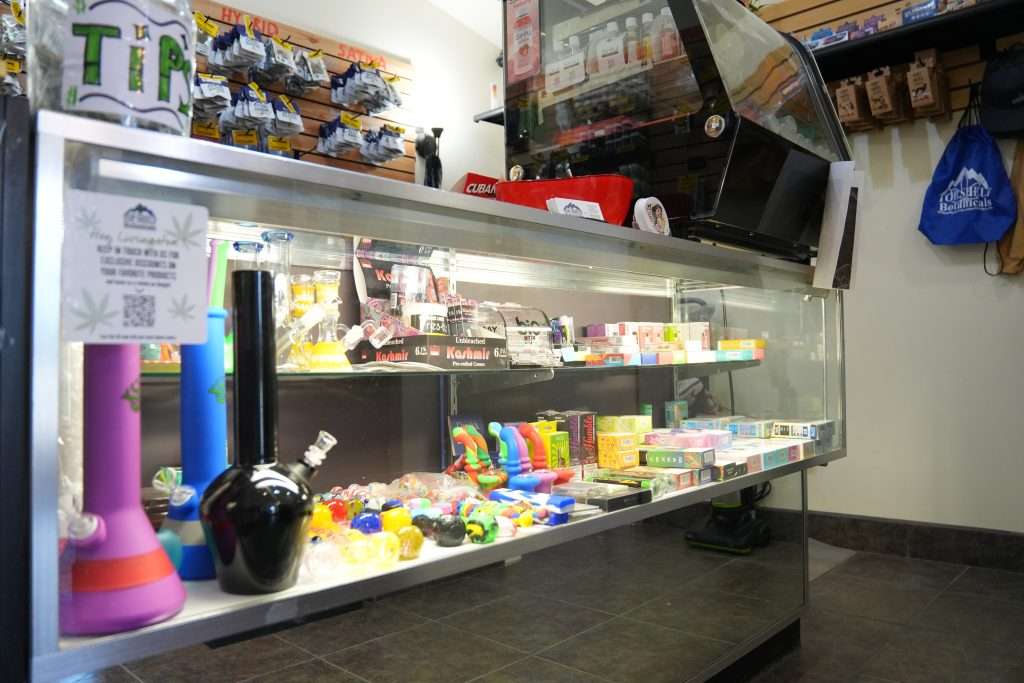 Interior of dispensary in Livingston, MT, featuring premium cannabis products like flower, concentrates, edibles, and accessories.