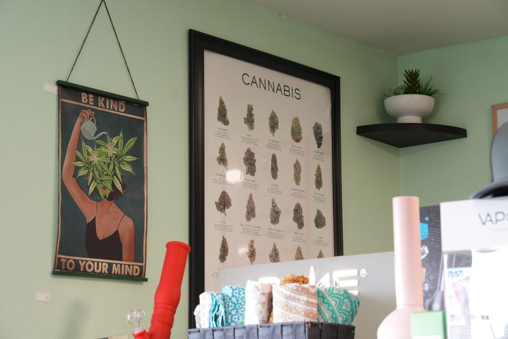 Interior of Three Forks dispensary, featuring premium cannabis products like flower, concentrates, edibles, and accessories.