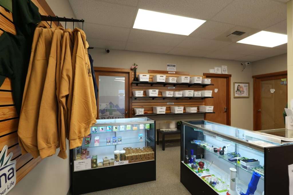 Interior of dispensary in Helena MT, Top Shelf Botanicals, featuring premium cannabis products like flower, concentrates, edibles, and accessories.