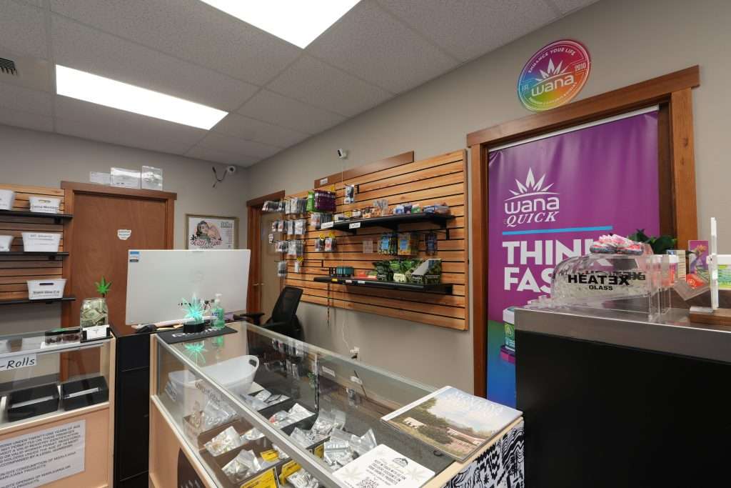 Interior of dispensary in Helena MT, Top Shelf Botanicals, featuring premium cannabis products like flower, concentrates, edibles, and accessories.