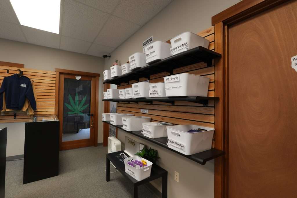 Interior of dispensary in Helena MT, Top Shelf Botanicals, featuring premium cannabis products like flower, concentrates, edibles, and accessories.