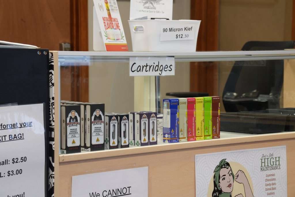 Interior of dispensary in Helena MT, Top Shelf Botanicals, featuring premium cannabis products like flower, concentrates, edibles, and accessories.