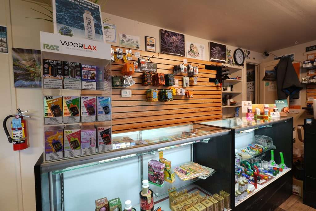 Interior of dispensary in Kalispell, MT, featuring premium cannabis products like flower, concentrates, edibles, and accessories.