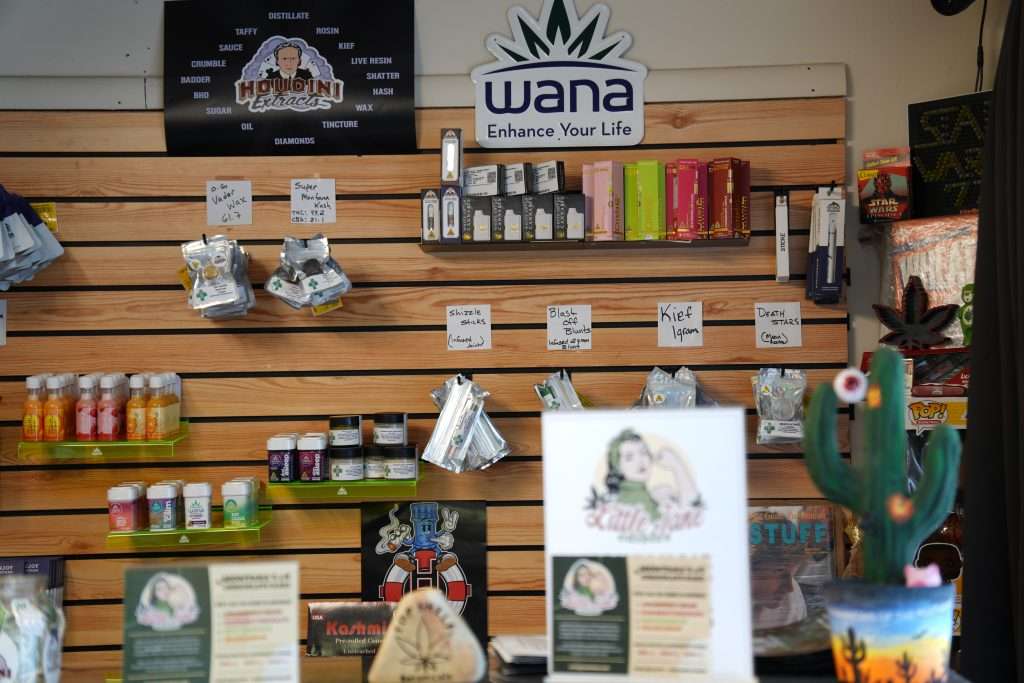 Interior of dispensary in Kalispell, MT, featuring premium cannabis products like flower, concentrates, edibles, and accessories.