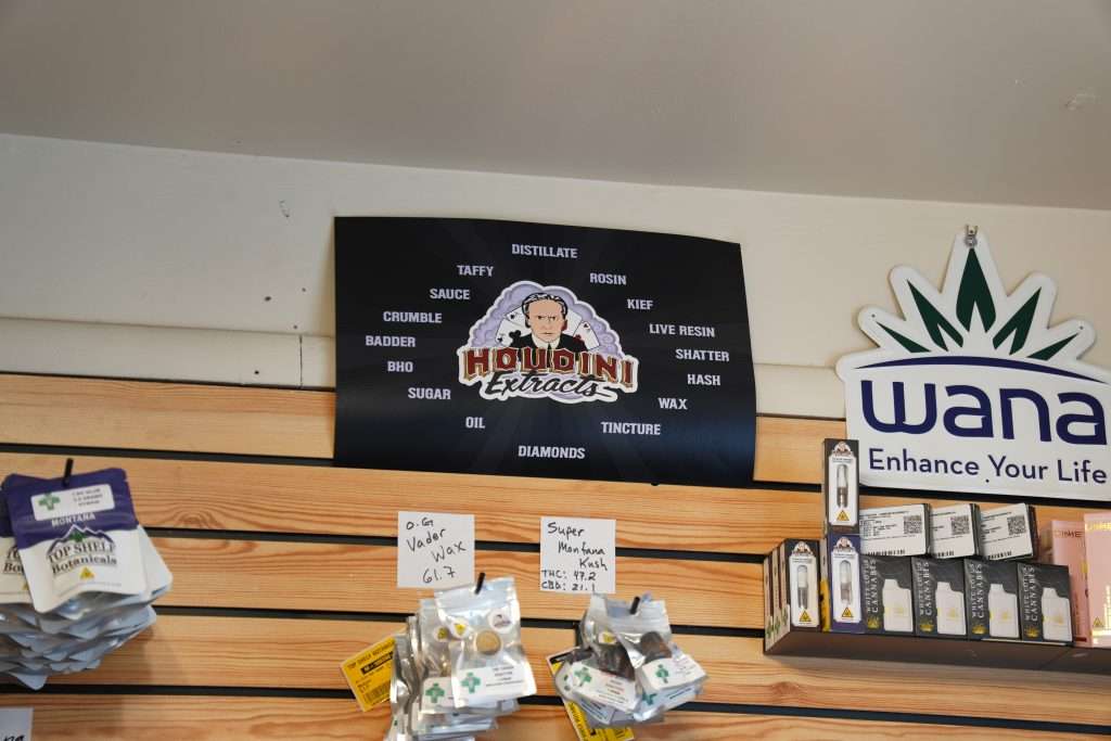 Interior of dispensary in Kalispell, MT, featuring premium cannabis products like flower, concentrates, edibles, and accessories.