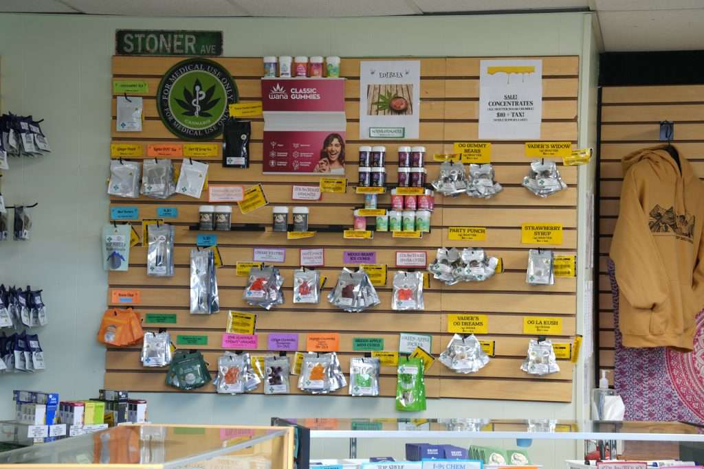 Interior of Polson dispensary, featuring premium cannabis products like flower, concentrates, edibles, and accessories.